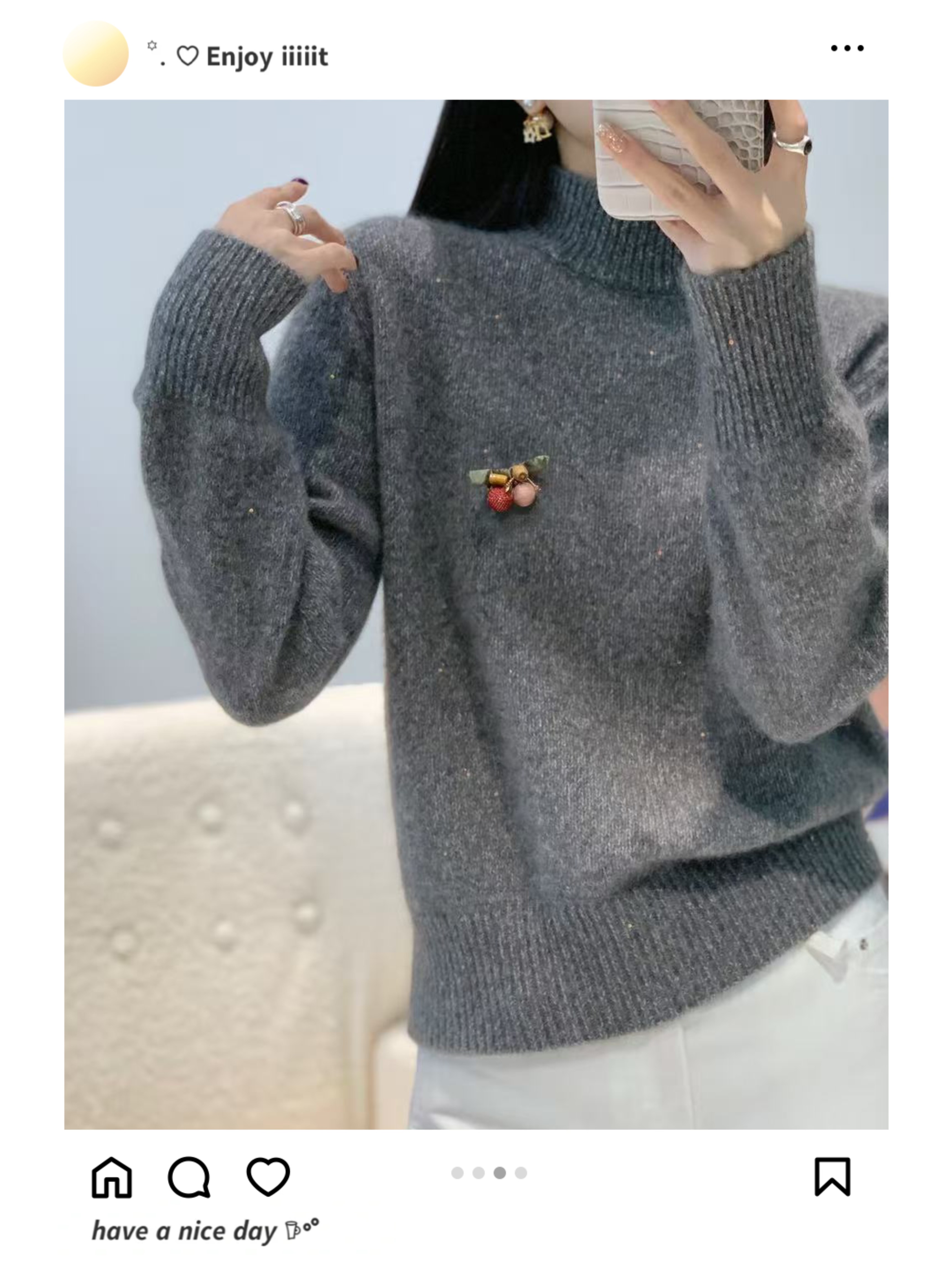 【韵雅梦丽】细闪樱桃胸针羊毛26年冬季新款半高领针织衫女羊绒