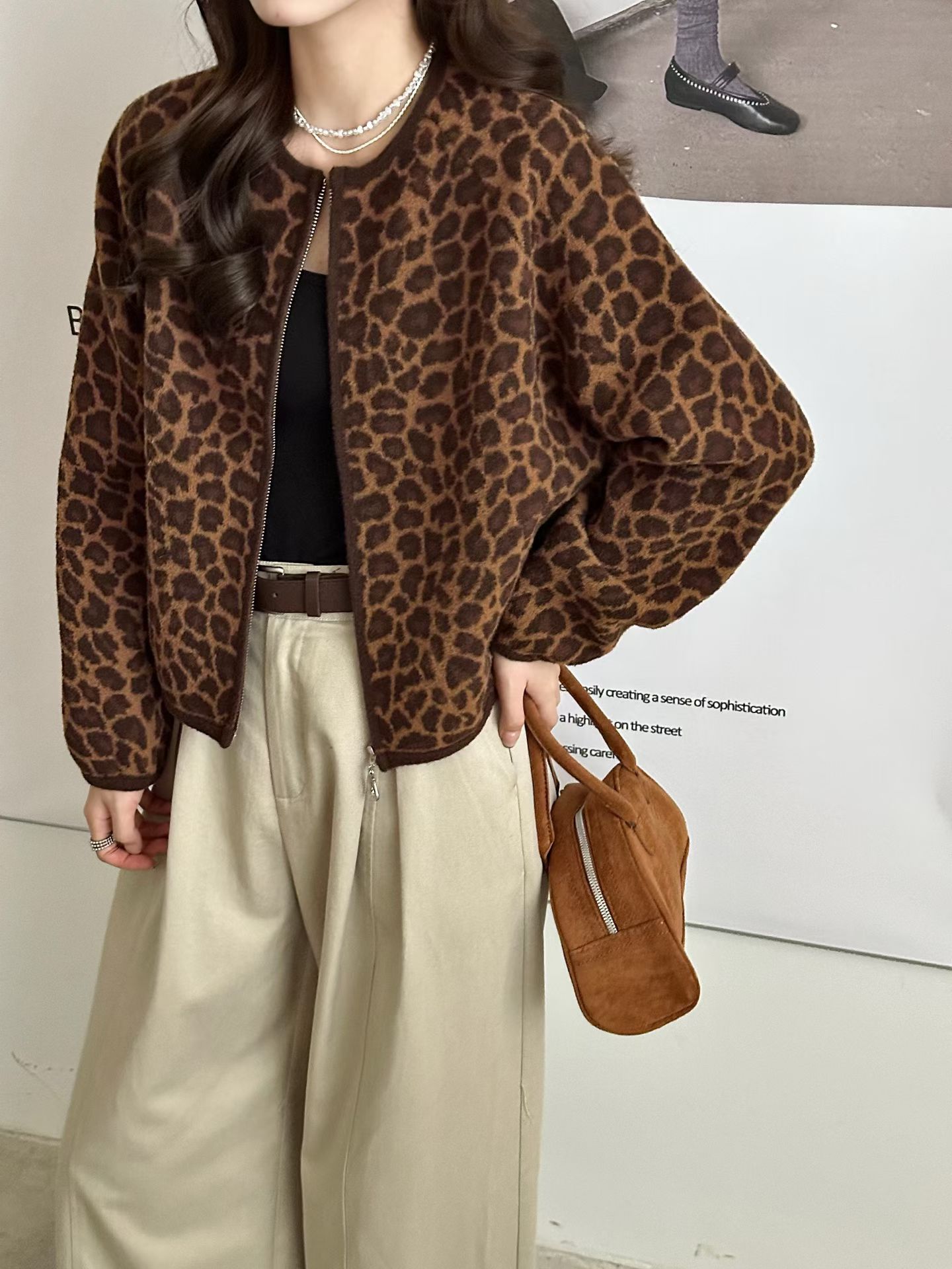 美式复古豹纹外套女宽松2025秋冬厚新款时尚百搭设计感夹克短款