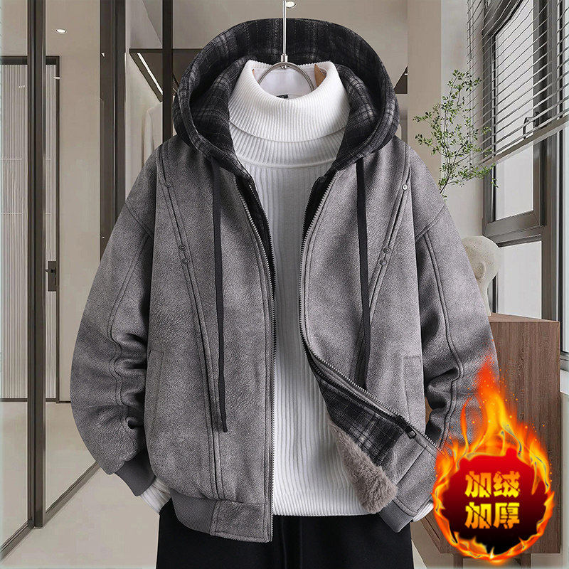 假两件衣服男款冬装外套加绒加厚冬季潮牌帅气连帽带帽子2025新款