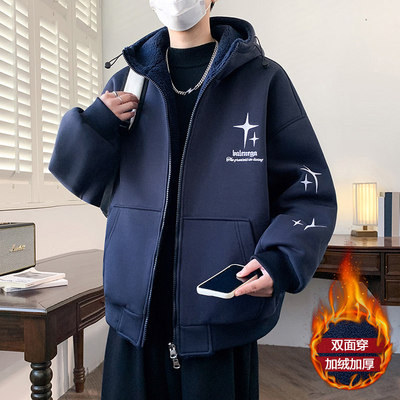 加绒卫衣男款加厚绒冬超厚重磅外套连帽2025新款衣服冬装羊羔绒