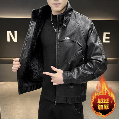 立领皮衣外套男款夹克冬加厚加绒潮流痞帅风高级感机车摩托车