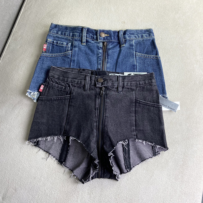 欧美女装拉链开档牛仔超短裤显腿长显瘦毛边性感齐臀阔腿裤热裤女