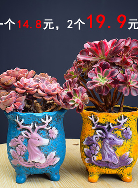 新款雕花彩绘鹿头盆多肉花盆厂家直销清仓肉肉大号老桩白陶高盆