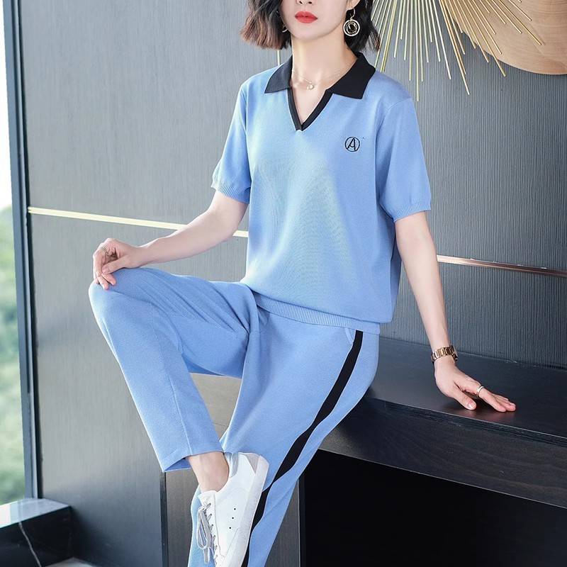 母亲节中年妈妈夏装休闲运动套装中老年人女装短袖上衣服冰丝T恤