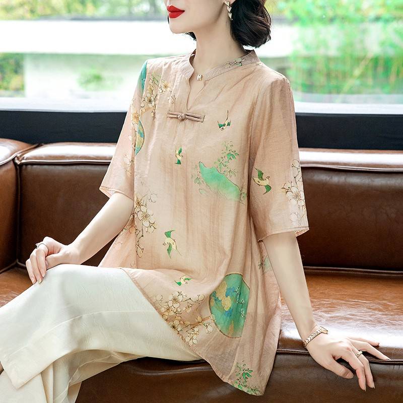 2025新款妈妈夏装雪纺衫中长款T恤中老年人女新中式国风短袖套装