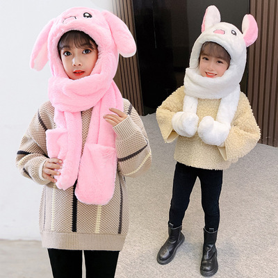 兔子皮卡丘耳朵会动帽子围巾手套一体三件套宝宝儿童围脖冬季男女