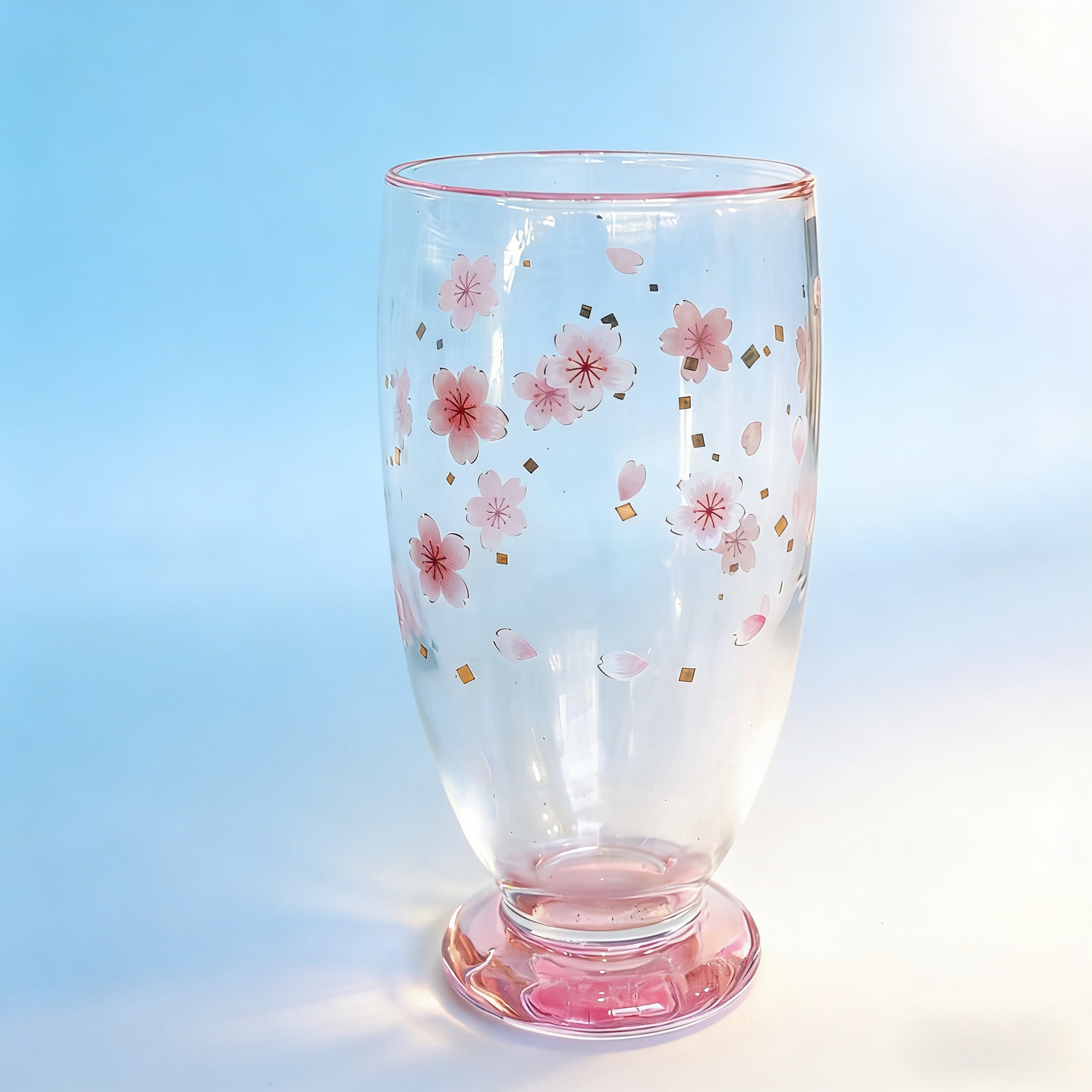 日本中古玻璃杯高足樱花粉色印花啤酒果汁杯昭和精致日式冷茶杯