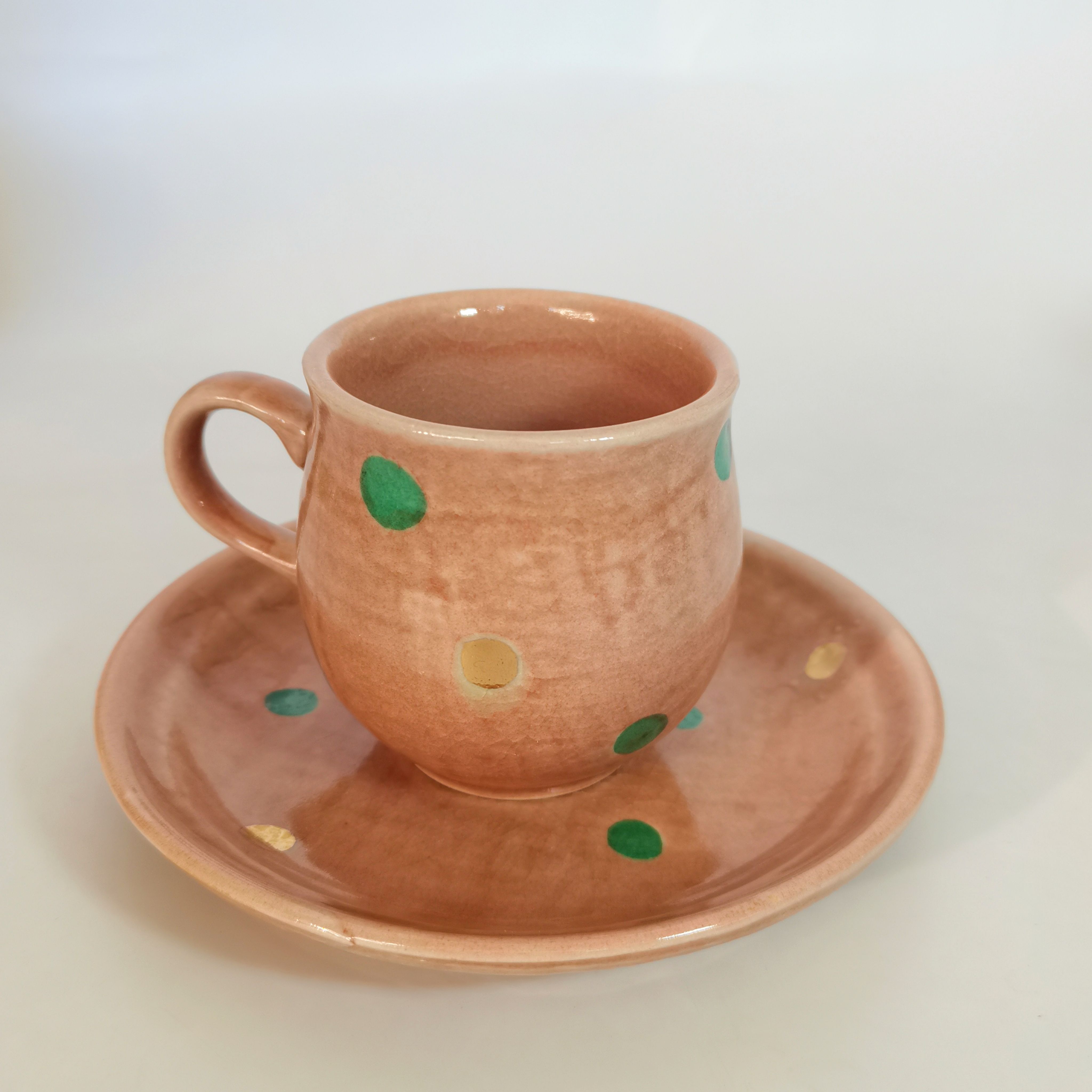 日本进口手作咖啡杯碟釉下彩手绘波点粗陶柴烧马克杯九谷烧中古品