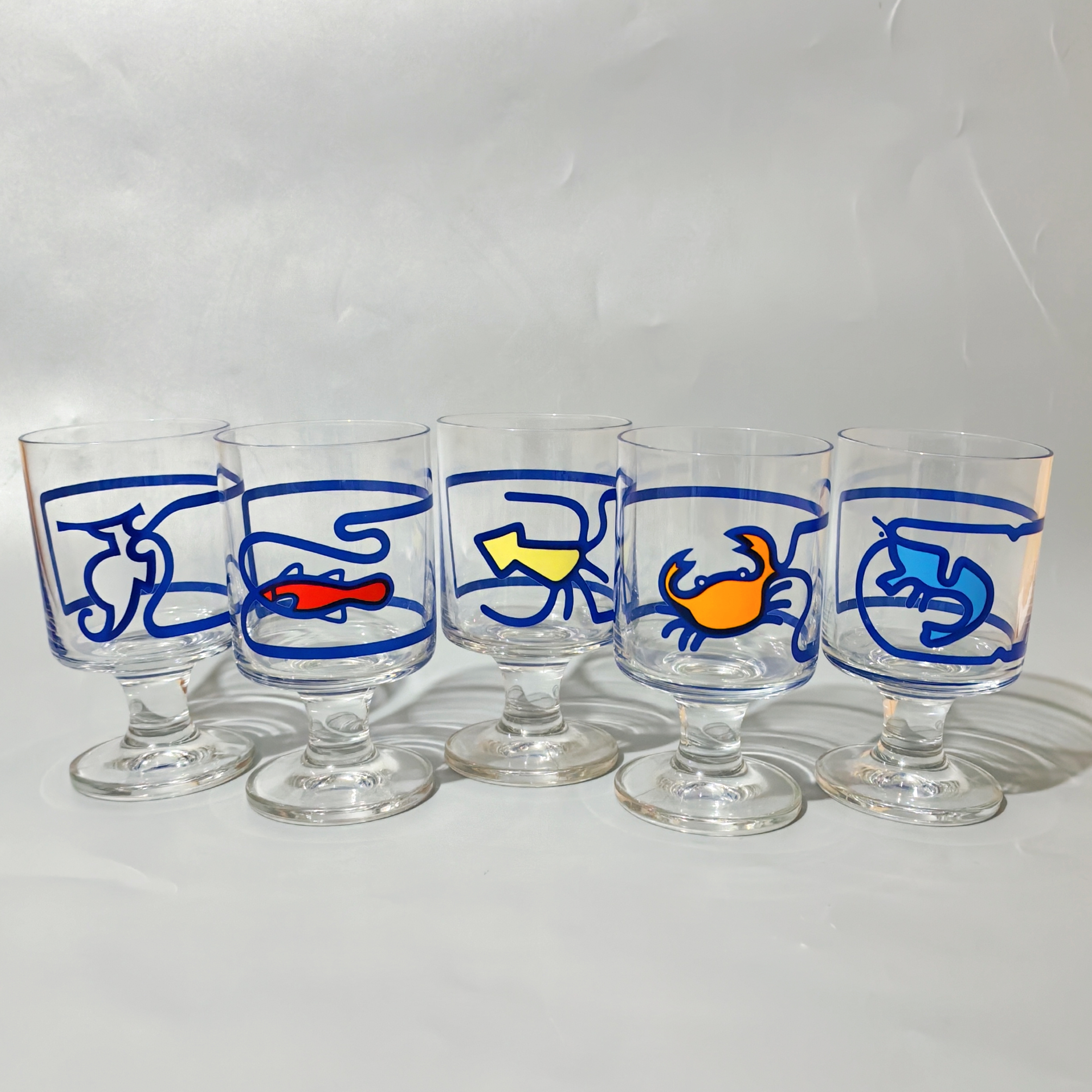 日本中古高足玻璃杯卡通啤酒杯果汁牛奶杯昭和石冢硝子印花杯全新