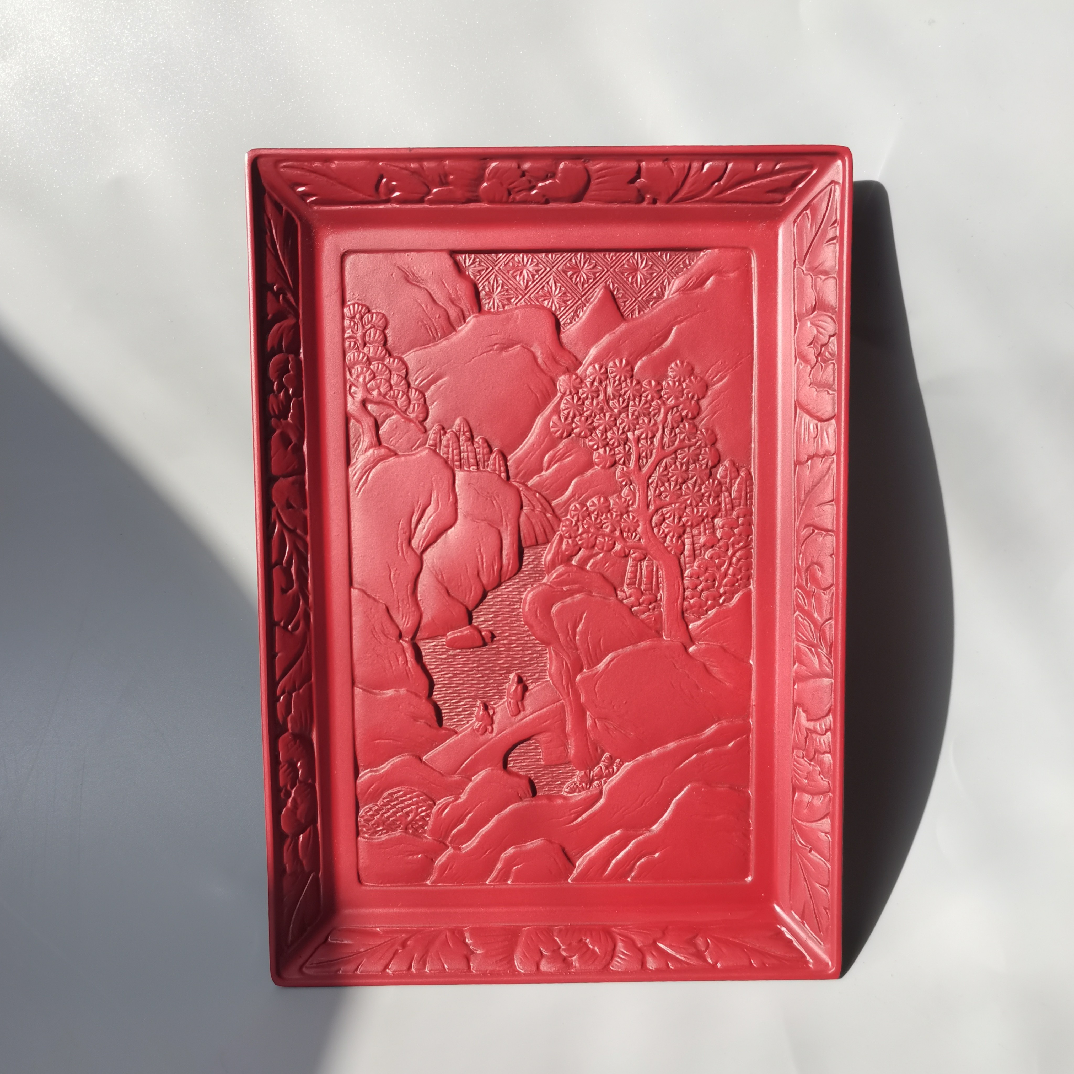 日本中古木雕茶盘堆珠山水画赏盘浮雕杯托茶具点心盘昭和复古全新