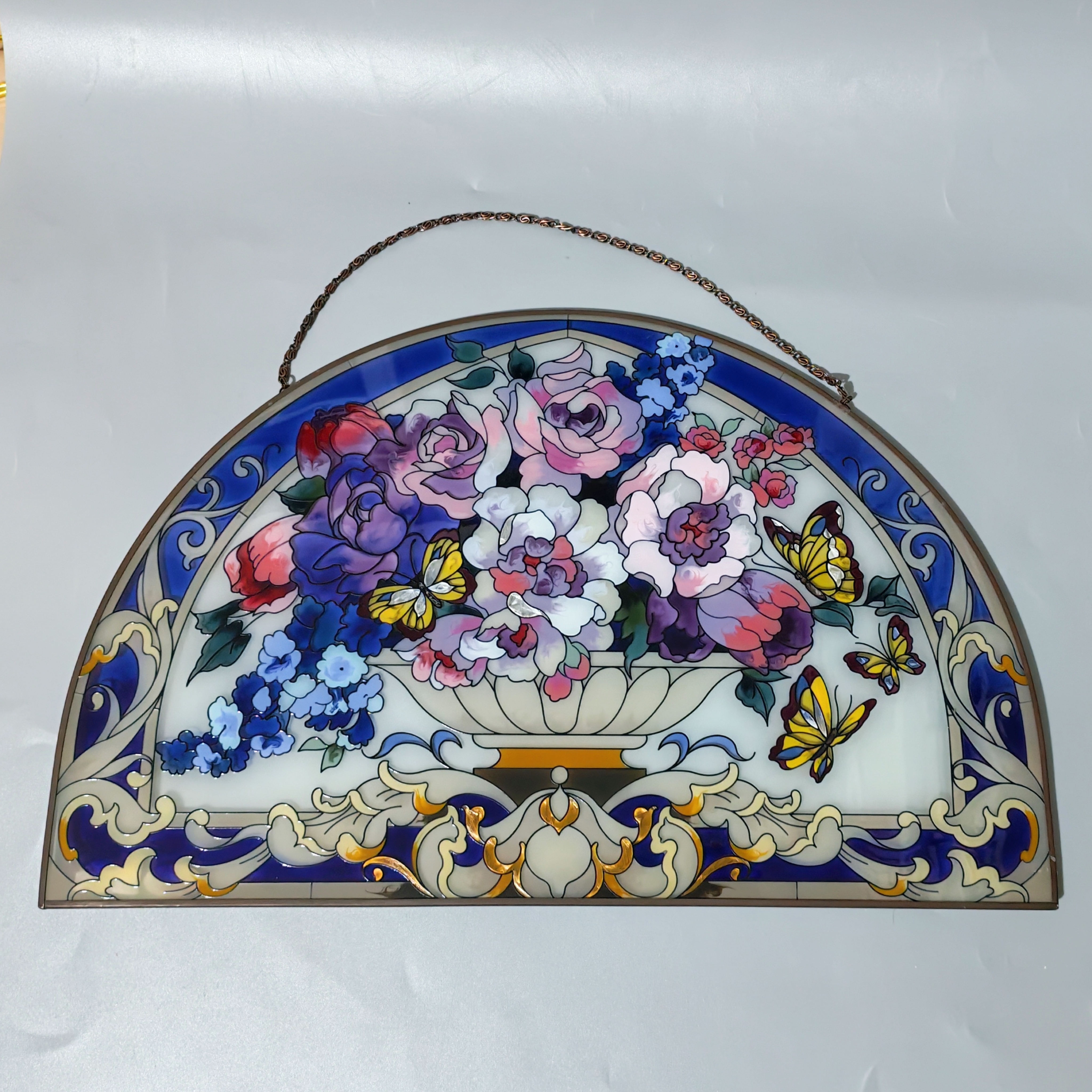中古玻璃装饰画复古彩色装饰挂件出口美国原单手工玻璃画花园装饰图片