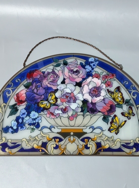 中古玻璃装饰画复古彩色装饰挂件出口美国原单手工玻璃画花园装饰