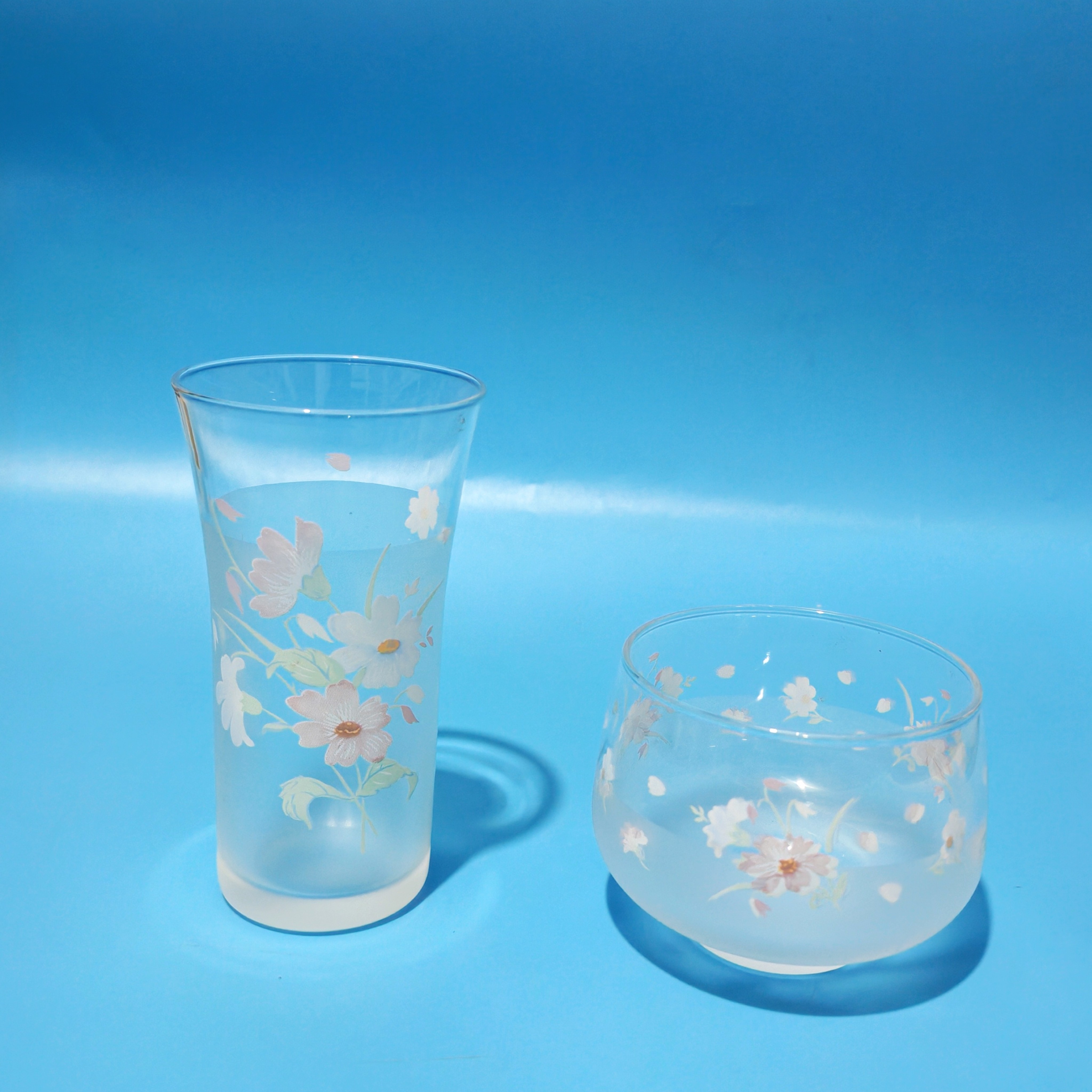 日本中古磨砂玻璃杯昭和花朵印花小清新果汁牛奶杯复古杯子啤酒杯