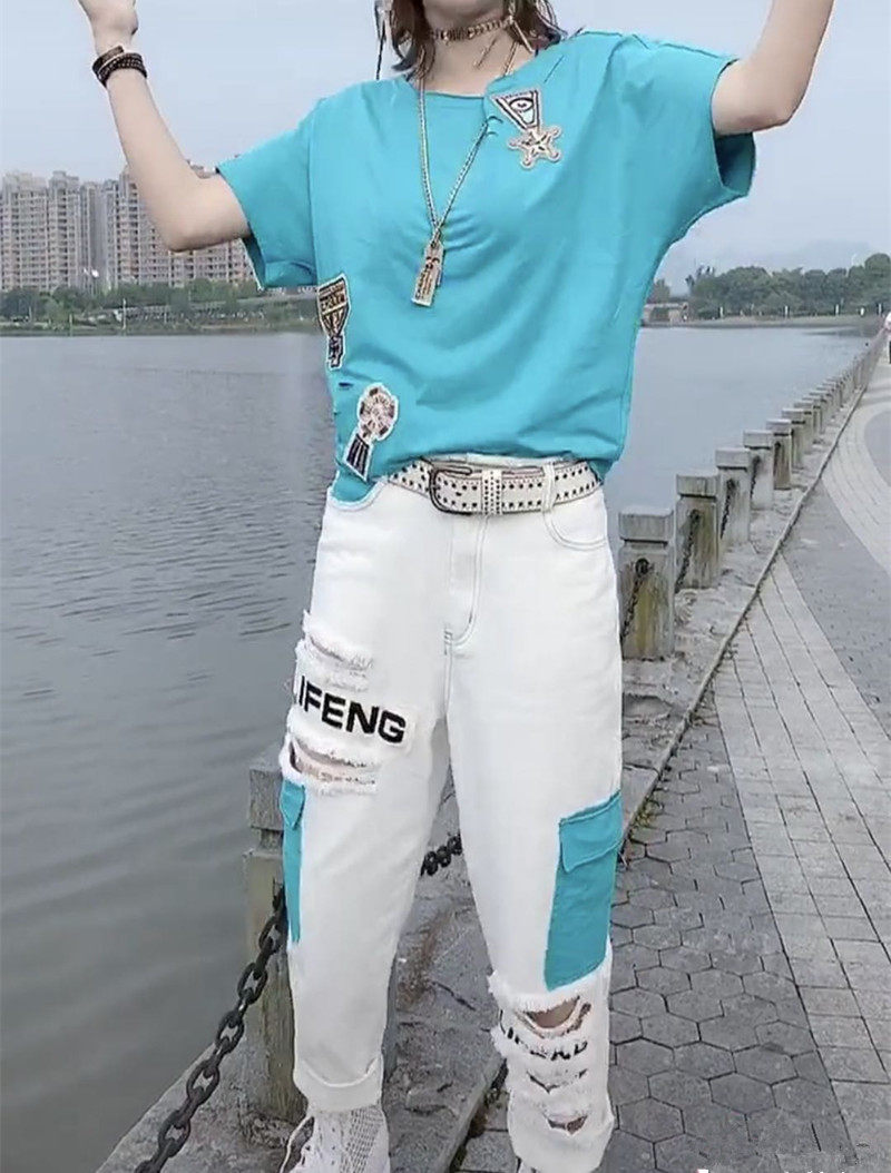 抖音同款蓝色宽松贴布短袖T恤薄牛仔大破洞休闲裤洋气女