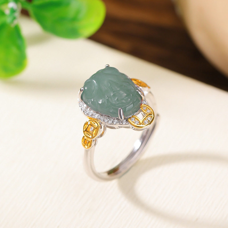 S925纯银镀金翡翠复古国风钱币貔貅戒指铜钱旺财小众银指环女礼物