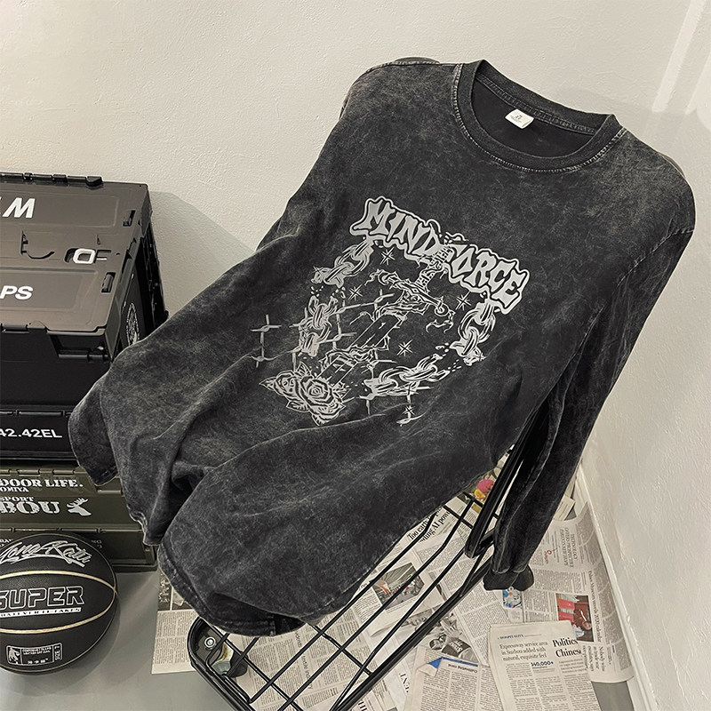 하이 스트리트 디스트레스드 프린트 스웨트 봄 가을 소년 아메리칸 레트로 캐주얼 탑 트렌디 브랜드 루즈한 잘생긴 긴팔 티셔츠