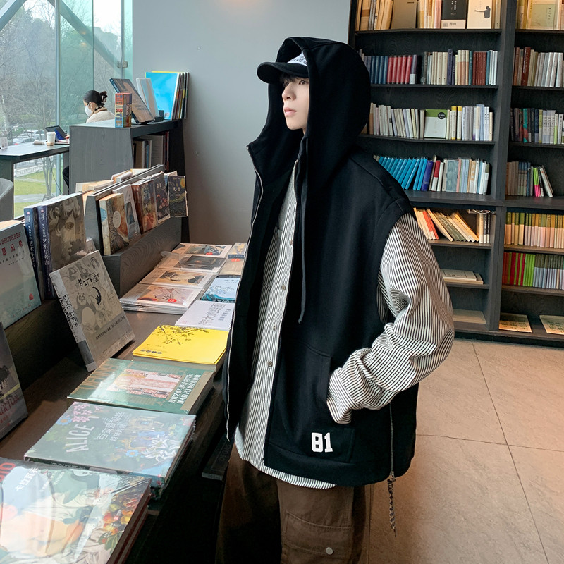 지퍼 슬릿 후드 티셔츠 남성용 느슨한 미국 양복 조끼 조끼 여름 유행 브랜드 다목적 스포츠 조끼 자켓