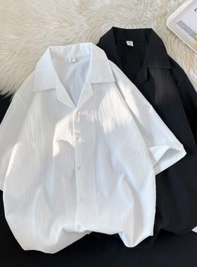 夏款褶皱冰丝衬衫男士短袖日系宽松领衬衫夏季潮流设计感痞0305d