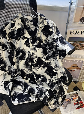 夏款扎染泼墨衬衫男士短袖夏季宽松冰丝凉感衬衫潮流痞帅印0305d