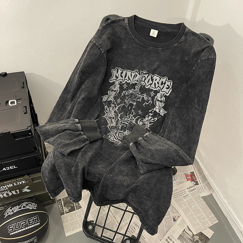 하이 스트리트 디스트레스드 프린트 스웨트 봄 가을 소년 아메리칸 레트로 캐주얼 탑 트렌디 브랜드 루즈한 잘생긴 긴팔 티셔츠