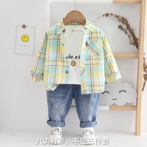 童装男童薄款外套格子衬衫儿童上衣翻领宝宝春秋纯棉长袖衬衣休闲