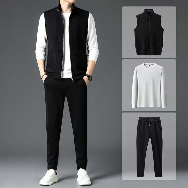 泽yp新款春秋季套装男士休闲马甲三件套纯色运动卫衣长裤潮流时尚