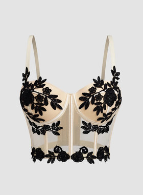 泽yp新款路秋国吊带背心蕾丝刺绣花朵性感网纱透视修身鱼骨胸衣D