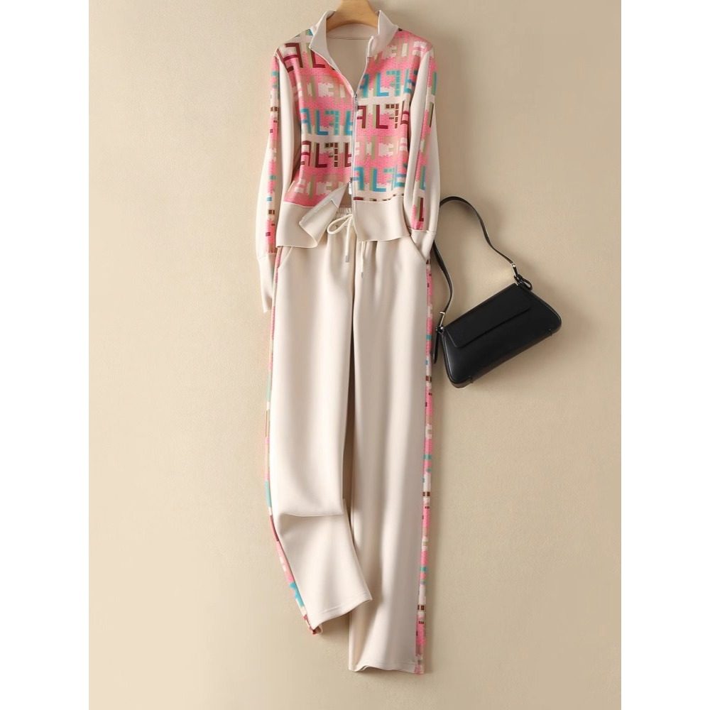 休闲名媛高级感气质套装2024年F字母印花双拉链外套阔腿裤两件套