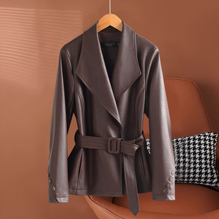 泽yp新款海宁皮衣女跨境2026春装系带收腰真皮夹克气质绵羊皮外套