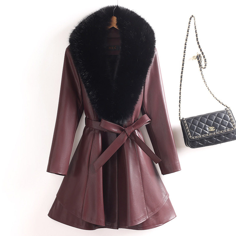 泽yp皮衣女绵羊皮外套中长款黑色系带韩版大毛领海宁皮羽绒服厚