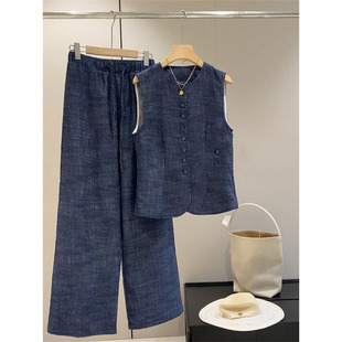 老钱风松弛感仿亚麻牛仔套装女夏季复古感无袖马甲长裤通勤潮