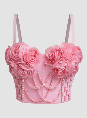 泽yp路秋国鱼骨吊带款带胸垫花朵背心外穿打底裹胸法式钉珠上衣D