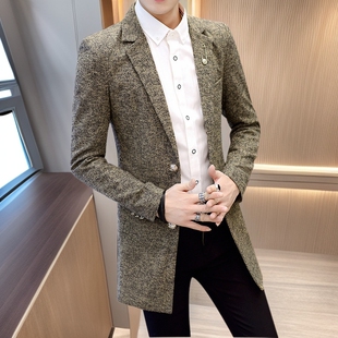 泽yp新款 2025春季韩版修身男式休闲西装毛呢中长款男装外套