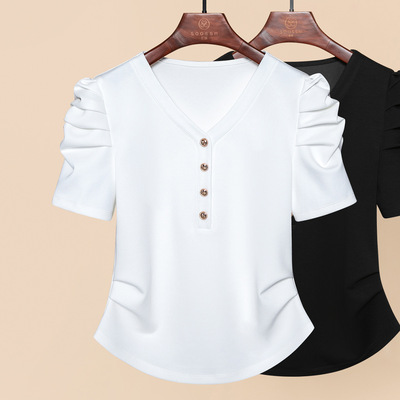 透气薄罗纹棉女法式短袖钮扣