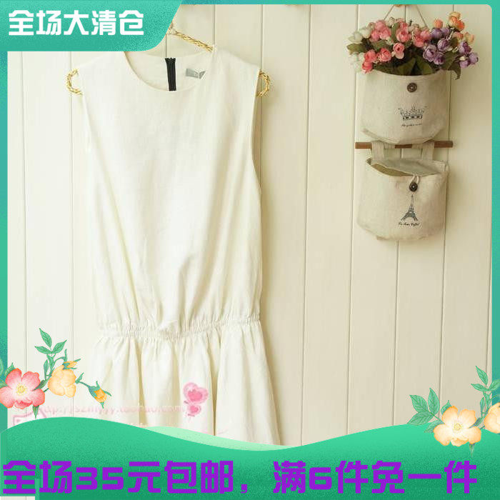 2023夏季日系女装通勤简约松紧腰弹力棉麻单穿无袖中长款连衣裙