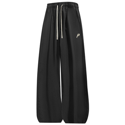 BUFFALO BOUND黑色抽绳长裤男透气运动裤户外简约冰丝刺绣休闲裤