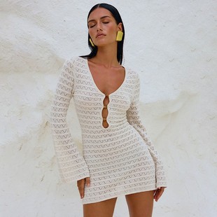 洋洋新款 连衣裙 跨境欧美沙滩裙女纯色性感针织沙滩比基尼泳衣女装