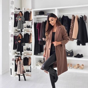 纯色带口袋毛呢外套女装 独立站亚马逊爆款 秋冬简约长袖