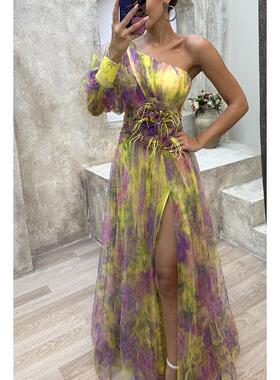 Lantern sleeve printed top聚会网纱斜肩连衣裙休闲时尚礼服女