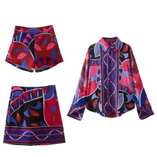 新款 半身短裙套装 女装 短裤 印花宽松衬衫 跨境外贸夏季