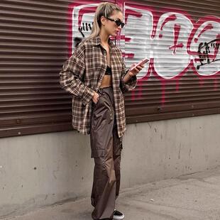 checkered 宽松 Women long loose fit复古格纹衬衫 with shirt