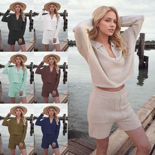 亚马逊热卖 宽松时尚 长袖 春夏季 跨境针织套装 欧美女装 短裤 新款