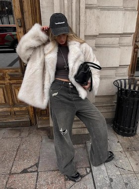 跨境冬季白色染尖仿狐狸毛中长款西装毛毛年轻环保皮草外套女