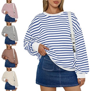亚马逊欧美跨境外贸秋冬新款 卫衣女 彩色条纹圆领宽松运动衫