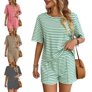 夏季 运动套装 新款 休闲短裤 女 亚马逊针织条纹时尚 跨境欧美女装