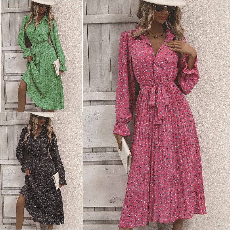 跨境速卖通亚马逊秋冬热卖女装时尚压折百搭长袖大摆连衣裙