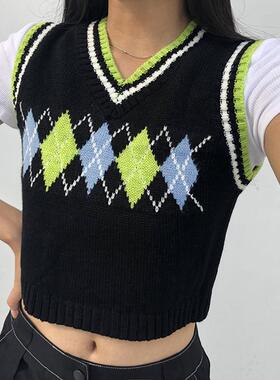 Check jacquard sweater top sleeveless vest21黑色紫色灰色绿色