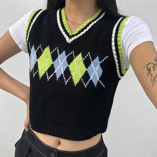 top Check jacquard sweater vest21黑色紫色灰色绿色 sleeveless