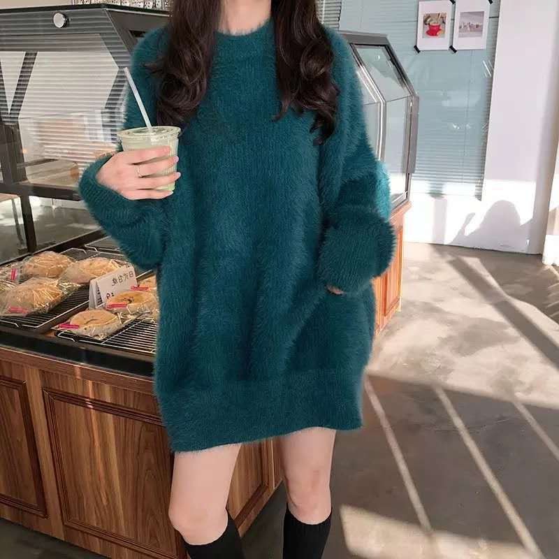 水貂绒加厚宽松糖果色套头毛衣女秋冬新款大版慵懒风保暖中长外套