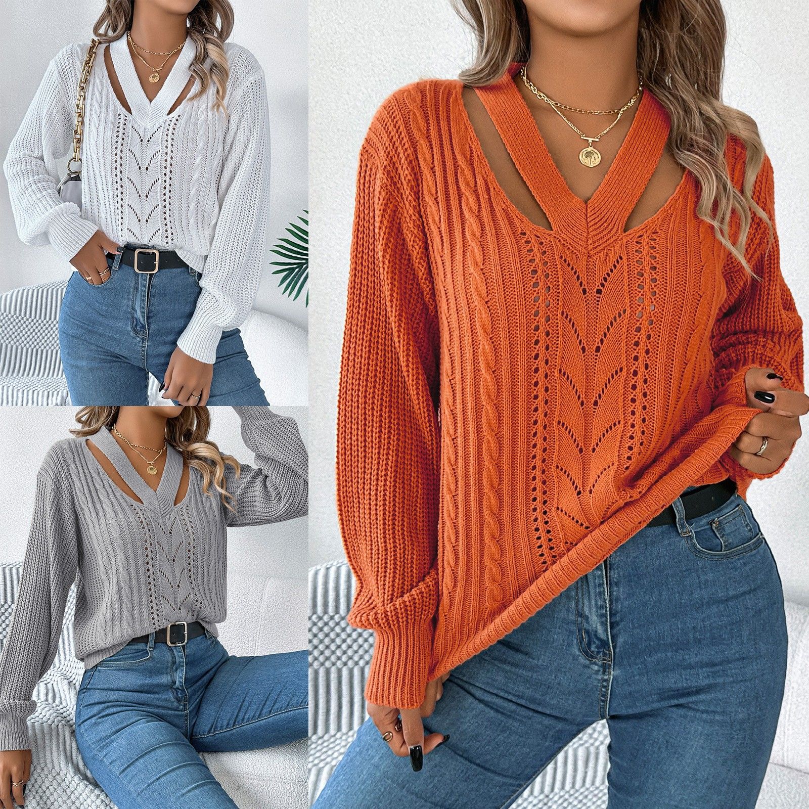 实拍秋冬休闲镂空领麻花灯笼袖套头毛衣 亚马逊跨境欧美女装